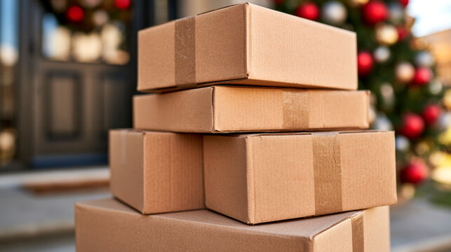 Online Christmas shopping packages delivered for holiday gifts outside decorated family home