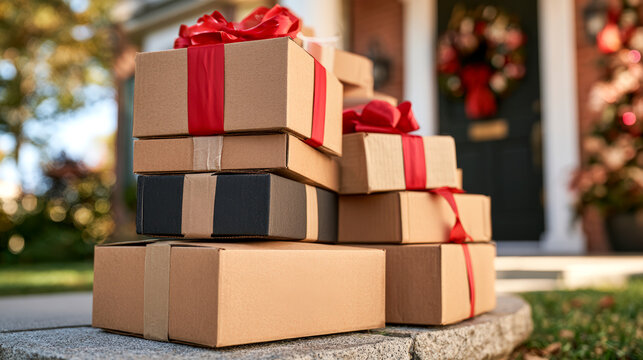 Christmas parcels with red ribbons stacked outside home for holiday gift delivery