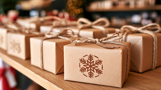 Christmas gift wrapping service in retail store with kraft paper packages displayed