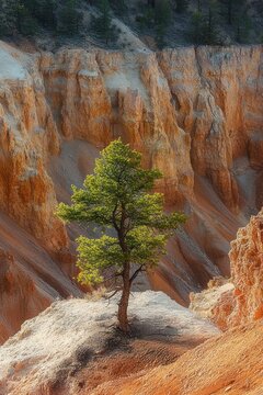 Solitary pine tree perched on a pale rock pedestal amid towering orange sandstone cliffs and hoodoos, bathed in warm light, evoking resilience and serene solitude