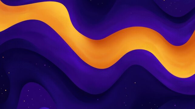sinuous golden ribbon flowing across layered purple and indigo waves with tiny star specks, dynamic and soothing abstract scene