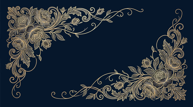 Elegant floral corner frame with vintage rose illustrations on a dark blue background