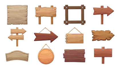 Fototapeta premium Wooden Sign Board Set with Blank Rustic Plank, Arrow and Frame Vector Illustration Collection