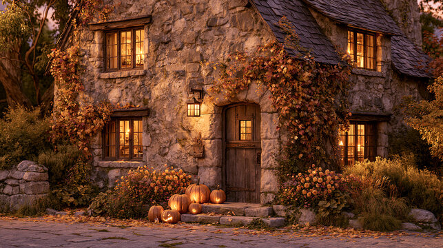 Rustic stone cottage with glowing jack o lanterns and fall foliage featured on white background