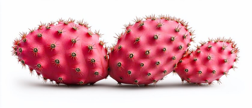Three vibrant pink cactus fruits, spiky and plump, sit in a row against a stark white backdrop