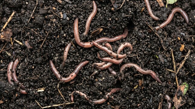 Earthworms in dark organic soil, group of red wigglers in compost, healthy garden worms for vermiculture and agriculture