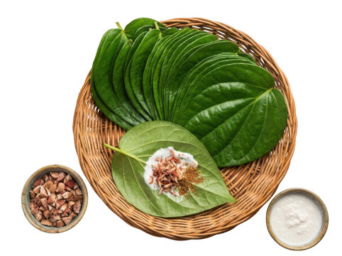Betel leaves with areca nut and slaked lime isolated on transparent background