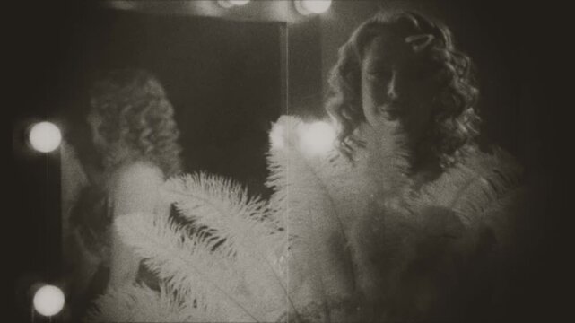 Black and white film color old style, blonde hair sexy retro lady hide beauty face, looking into camera hand holding fan white ostrich feathers. woman burlesque show actress. Flapper girl 20s roaring