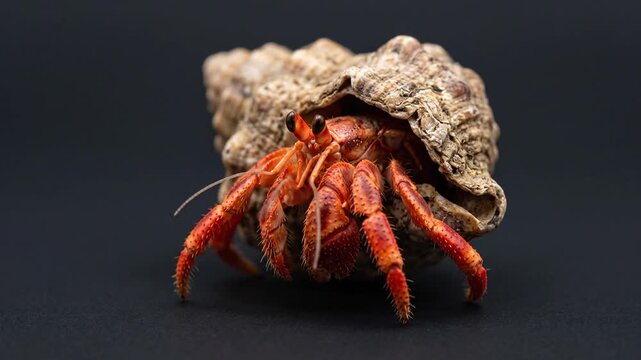 Vibrant Red Hermit Crab Peeking Out From Textured Seashell on Dark Background