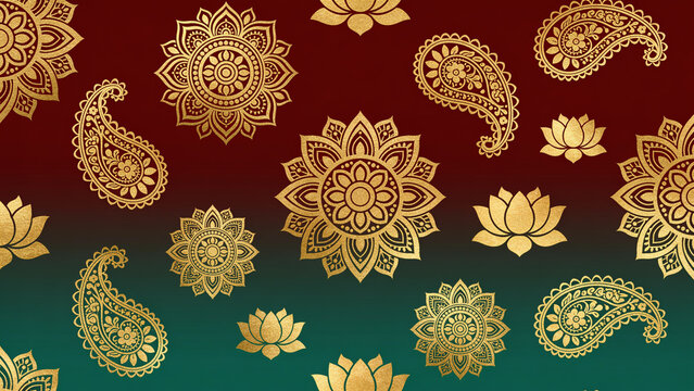 A highly detailed spiritual seamless pattern of repeating golden mandalas, lotus flowers, and intricate henna-style paisleys in metallic gold ink on a deep rich burgundy or emerald green background