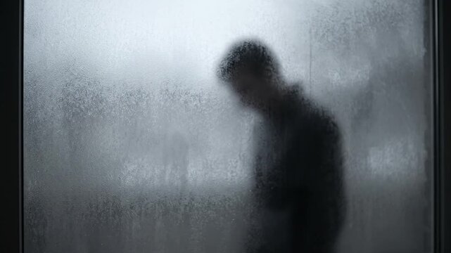Sad Man Silhouette Behind Steamy Glass Window Looking Downward