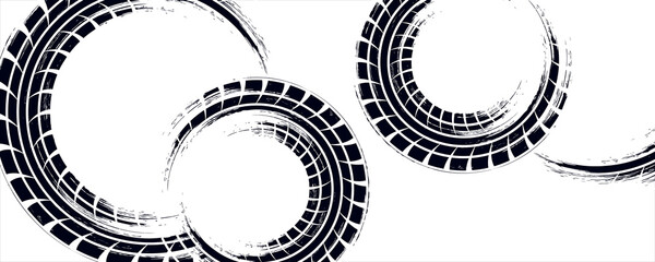 PrintGrunge tire track, wheel braking marks. Truck, car or motorcycle tread pattern silhouette. Auto race, motorsport, speed racing design element. Vector illustration © abay