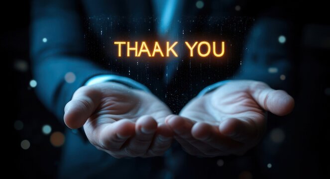 Cupped hands presenting glowing floating letters spelling "THAAK YOU" surrounded by soft light particles, conveying warmth and gratitude