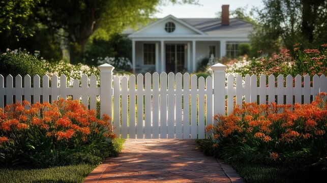 Sunlit white picket gate and brick pathway flanked by orange flowers leading to a charming white cottage with porch and lush green lawn, peaceful and inviting