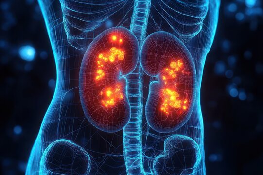glowing inflamed kidneys inside a translucent blue torso wireframe with visible spinal column and pelvis, bright hotspots indicating pain and medical urgency