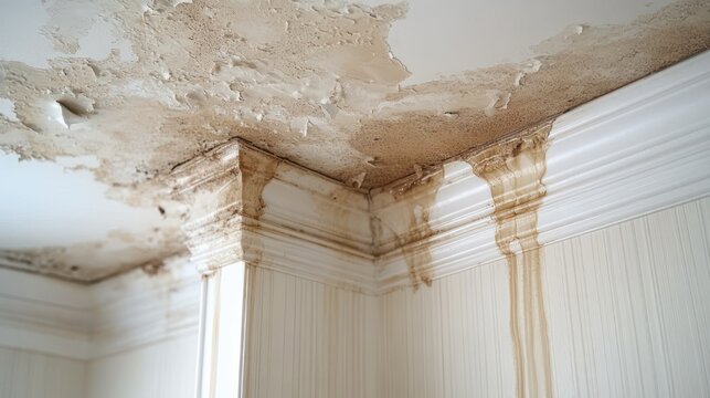 Peeling plaster and brown water stains running down white crown molding and striped wallpaper in a damp, neglected ceiling corner, an alarming sign of moisture damage