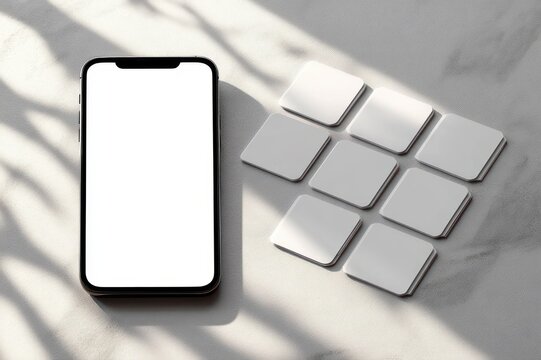 smartphone with blank white screen beside nine square white tiles arranged in a 3x3 grid on a light textured surface with soft leaf shadows, minimalist calm mood