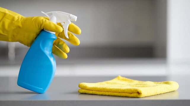 Person wearing yellow rubber gloves holding a blue spray bottle and cleaning a surface with a microfiber cloth
