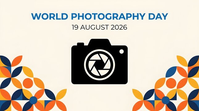 World Photography Day celebration banner with camera icon and geometric floral patterns.