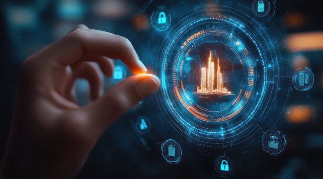 Hand pinching a glowing orange light in front of a holographic circular interface showing a digital city skyline and security icons, conveying futuristic control and confidence