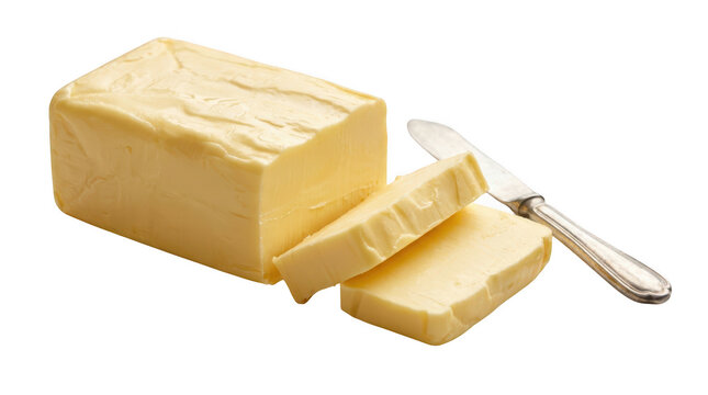 Block of fresh butter with slices and a butter knife isolated on transparent background