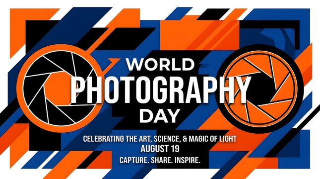 World Photography Day banner with camera shutter icons and abstract geometric background.