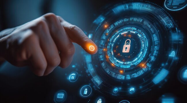 Human fingertip with glowing orange touch pressing a circular holographic padlock interface surrounded by blue data rings and icons, conveying focused control and secure protection
