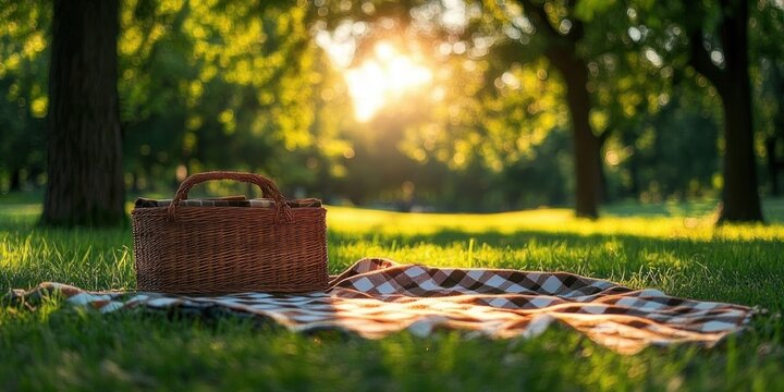 Wicker picnic basket on a checkered blanket in a sunlit park with trees and warm golden-hour glow, peaceful and inviting summer scene