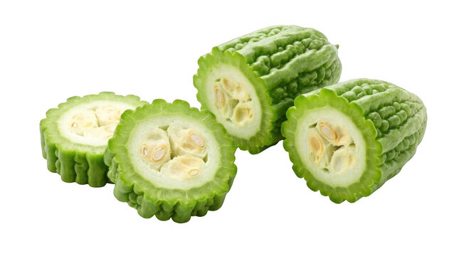 Fresh bitter melon slices isolated on transparent background