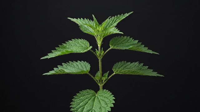 Fresh green stinging nettle plant growing against solid black studio background
