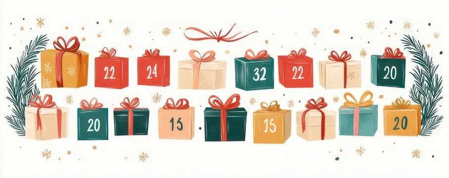rows of numbered wrapped gift boxes with colorful ribbons, pine sprigs and gold confetti conveying a cheerful festive holiday anticipation