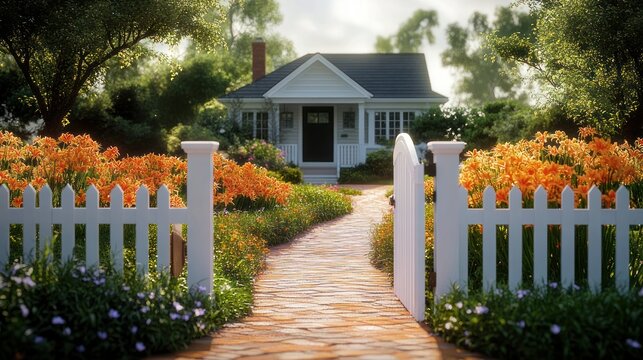 Sunlit cozy cottage with white picket fence, open gate, brick pathway and vibrant orange flower beds creating an inviting, peaceful garden setting