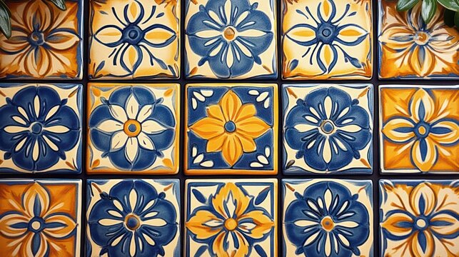 cheerful grid of hand-painted ceramic tiles featuring alternating blue and yellow floral motifs on a glossy white background