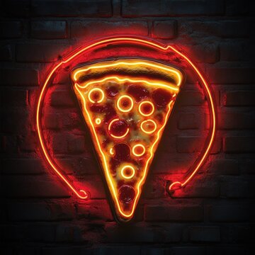 glowing neon pizza slice sign with pepperoni in red circular frame on dark brick wall, warm inviting retro vibe