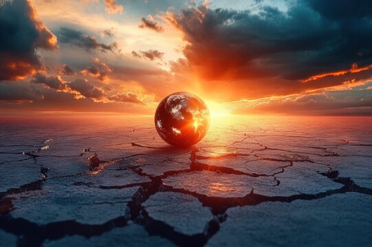 lonely reflective globe on cracked parched earth under fiery sunset sky, dramatic clouds and an urgent fragile atmosphere
