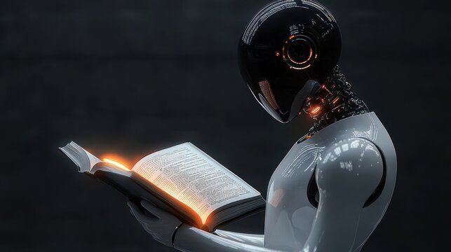sleek humanoid robot with glossy black head reading a glowing open book in a dark space, focused and contemplative
