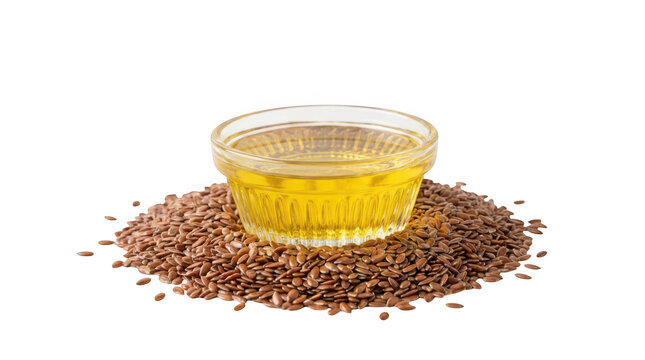 Bowl of flaxseed oil surrounded by raw flax seeds isolated on transparent background
