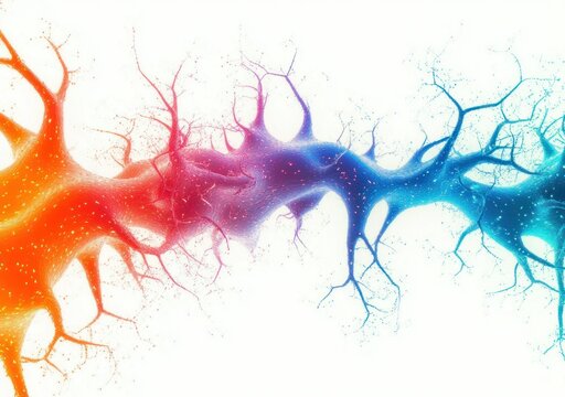 colorful interconnected neurons with branching dendrites and a glowing synapse, energetic dynamic flow from warm orange to cool blue
