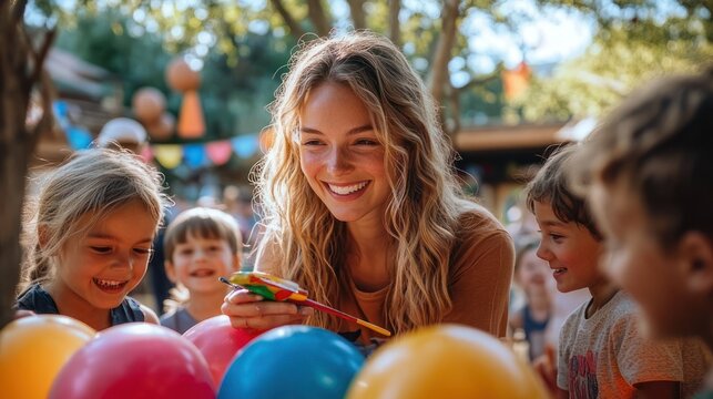 woman with wavy blonde hair and children surrounded by colorful balloons and bunting at an outdoor daytime party, joyful and engaged