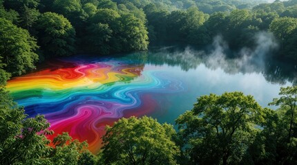 Fototapeta premium Vibrant rainbow colors mix in a pond surrounded by lush green trees and forest. Mist rises from the calm water reflecting the sky, creating a mystical atmosphere.