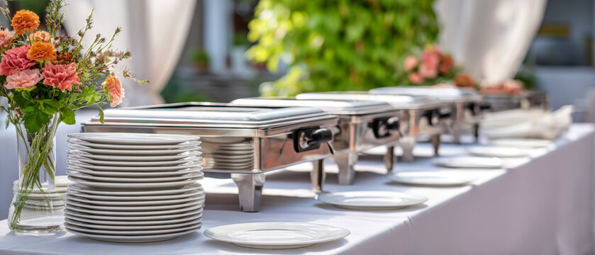 A table is set up with silver trays for food and stacked white plates. Colorful flowers are arranged in a vase next to the trays. It is daytime at an outdoor event