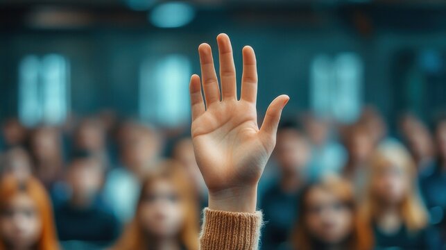 raised hand in a sweater among a blurred attentive audience expressing eager participation and engagement during a lecture or meeting
