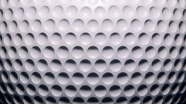 Macro golf ball texture, white dimpled surface background, close-up of professional sports equipment material