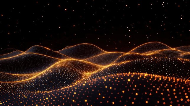 glowing orange dotted mesh forming rolling digital landscape under a starry black sky, futuristic serene and mesmerizing flowing light waves