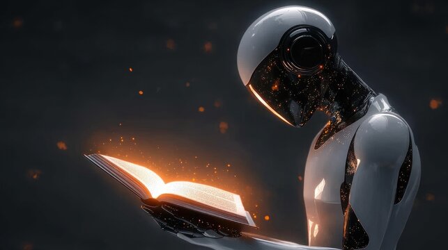 Humanoid robot with glossy white shell holding and reading a glowing open book, embers and sparks rising, a scene of quiet curiosity and wonder