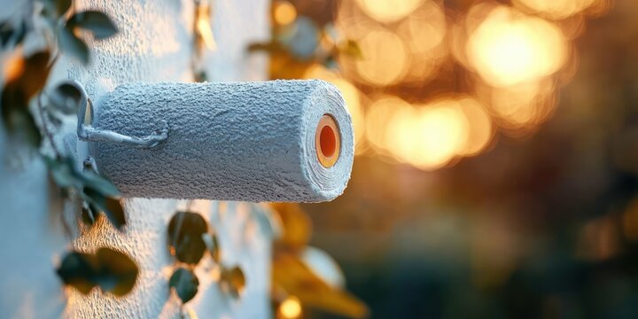 Close-up of a pale blue paint roller applying paint to a wall beside green leaves with warm golden bokeh sunset light, calm cozy home improvement moment