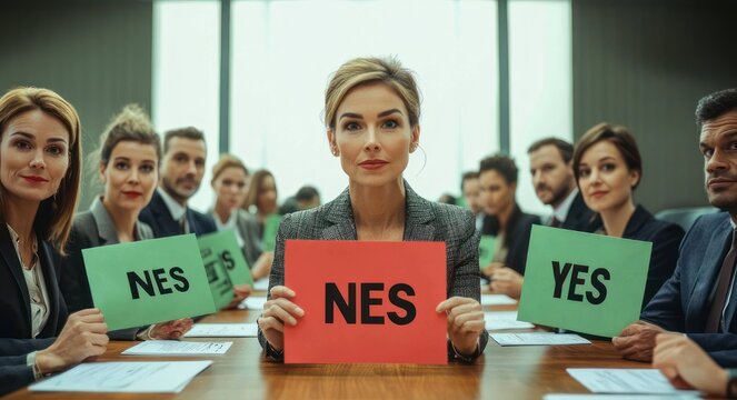 business meeting in a bright conference room with blurred faces as professionals sit around a table holding red and green voting cards marked 'NES' and 'YES' in a tense decision moment