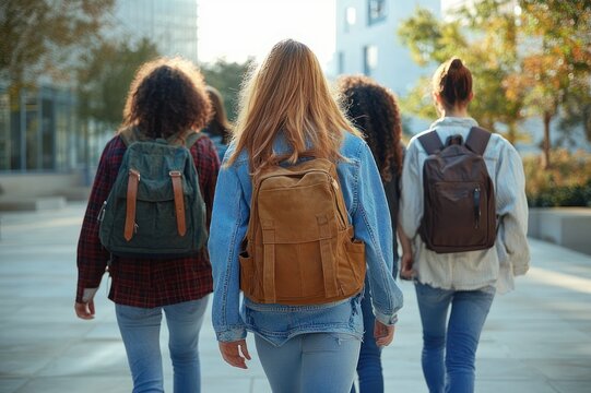 Four young people walking away across a sunlit urban campus wearing backpacks and casual clothes, relaxed and confident camaraderie