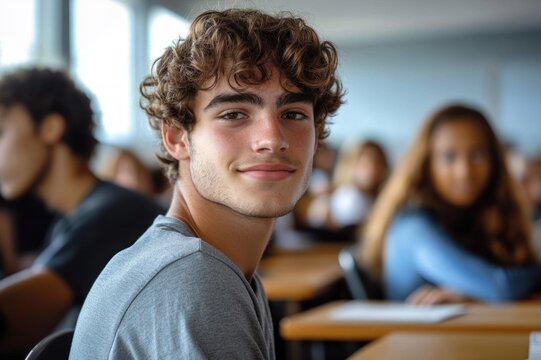 curly-haired teenage student seated at a classroom desk among classmates, looking thoughtful and slightly anxious with notebooks, desks and blurred faces in soft daylight