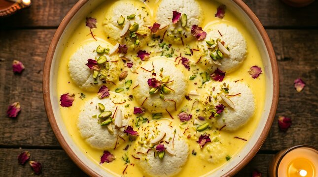 Traditional Rasmalai Indian dessert, creamy saffron milk sweets with pistachios and rose petals, festive Bengali mithai